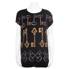 Dolce and Gabbana Black Key Printed Silk Cap Sleeve Blouse M