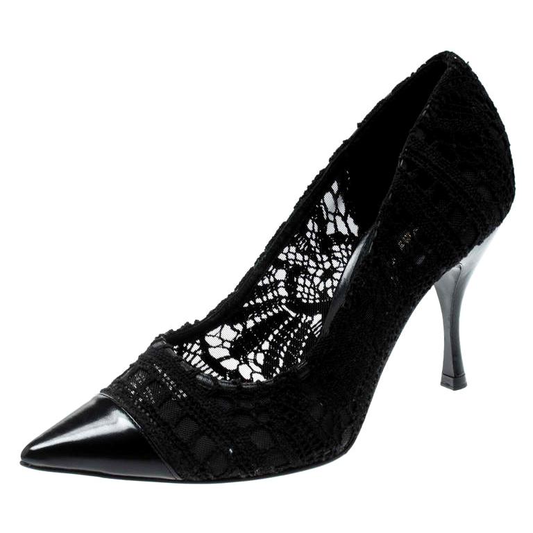 Dolce and Gabbana Black Lace And Leather Crochet Pumps Size 37.5