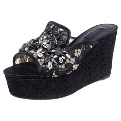 Dolce and Gabbana Black Lace And Mesh Crystal Embellished Wedge Slides Size 38.5