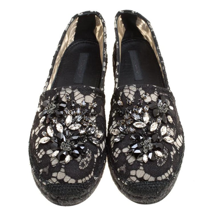 Dolce and Gabbana Black Lace Crystal Embellished Espadrilles Size 40 ...
