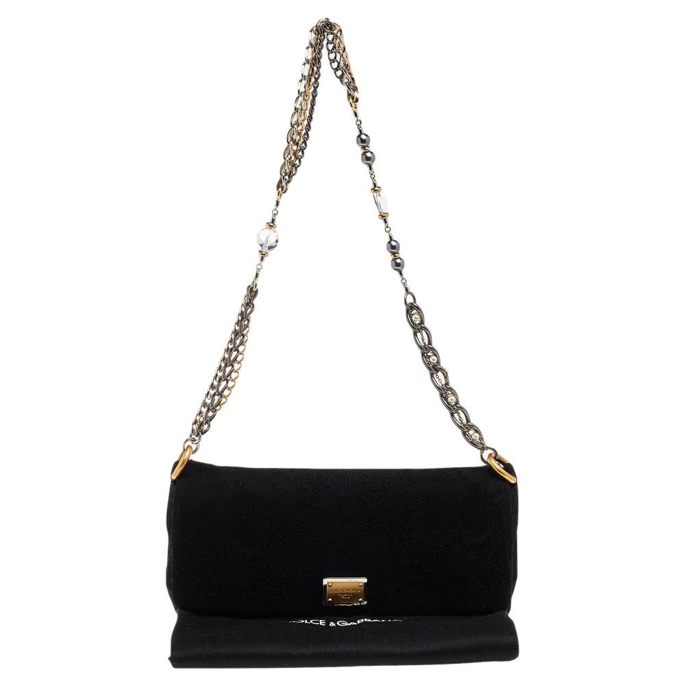 Dolce and Gabbana Black Lace Flap Shoulder Bag 7