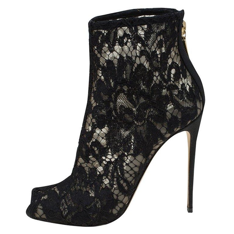 Dolce and Gabbana Black Lace Peep Toe Ankle Boots Size 36 For Sale at ...