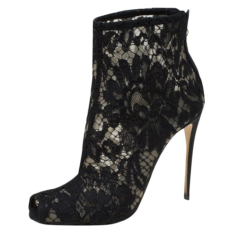 Dolce and Gabbana Black Lace Peep Toe Ankle Boots Size 36