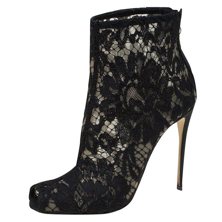 Dolce and Gabbana Black Lace Peep Toe Ankle Boots Size 36 For Sale at ...