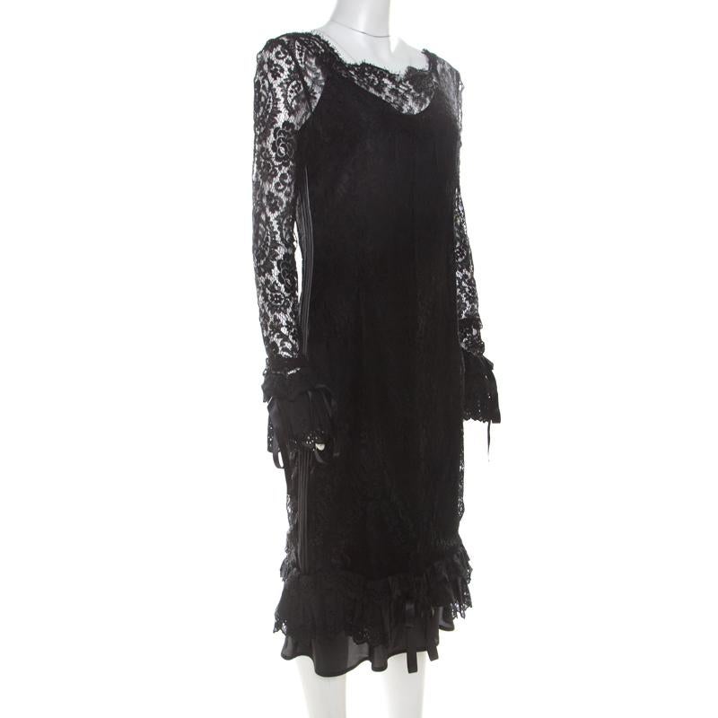 Dolce and Gabbana Black Lace Ruffle Sleeve and Hem Detail Midi Dress M In Good Condition In Dubai, Al Qouz 2