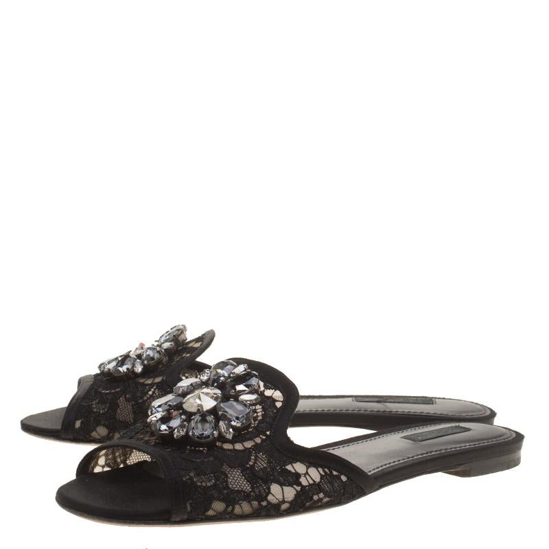 Dolce and Gabbana Black Lace Sofia Crystal Embellished Slides Size 39.5 1