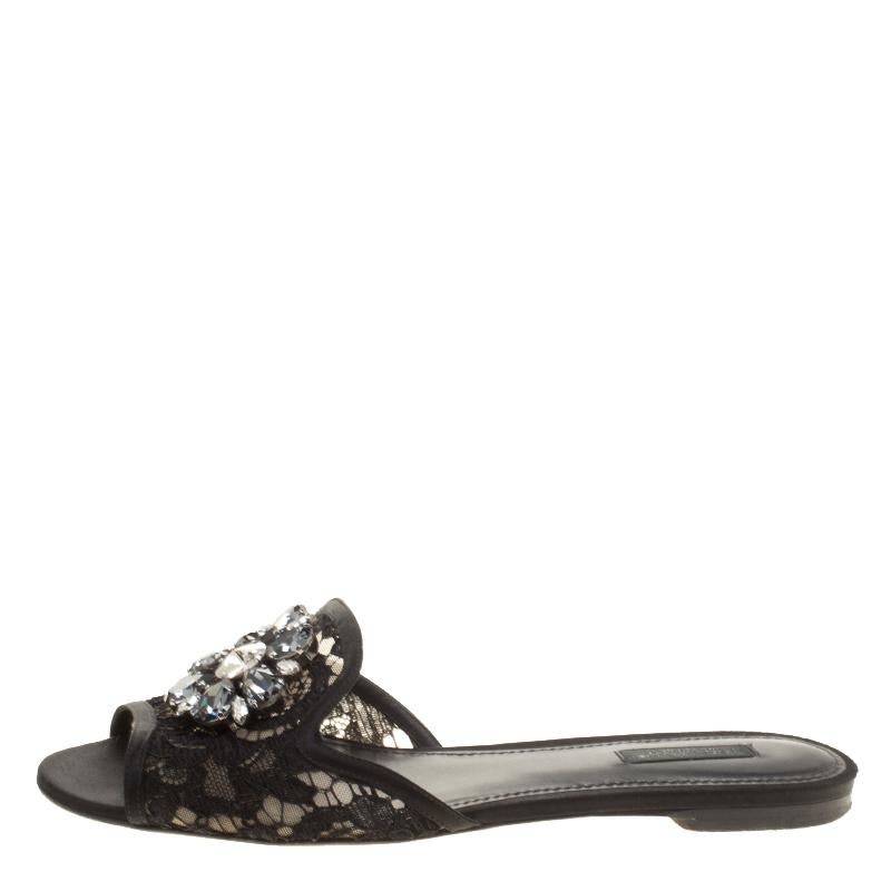 Dolce and Gabbana Black Lace Sofia Crystal Embellished Slides Size 39.5 3