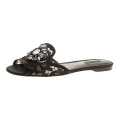 Dolce and Gabbana Black Lace Sofia Crystal Embellished Slides Size 39.5