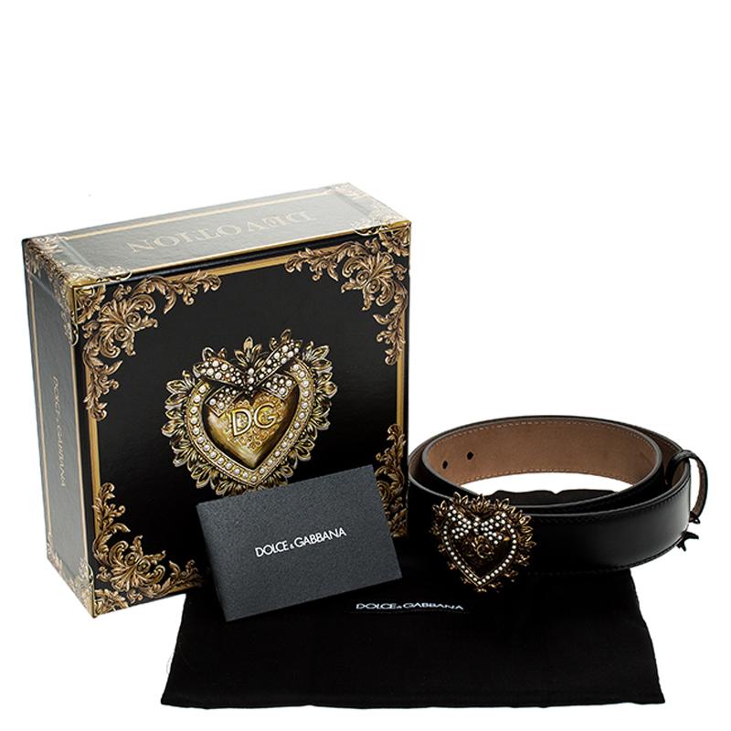 Women's Dolce and Gabbana Black Leather Devotion Heart Buckle Belt 75cm