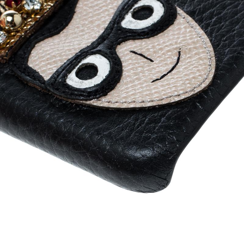 Women's Dolce and Gabbana Black Leather Embellished Crown Face Patch iPhone 7 Case