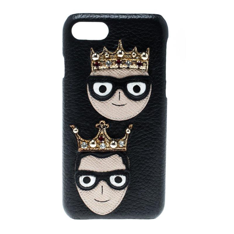 Dolce and Gabbana Black Leather Embellished Crown Face Patch iPhone 7 Case