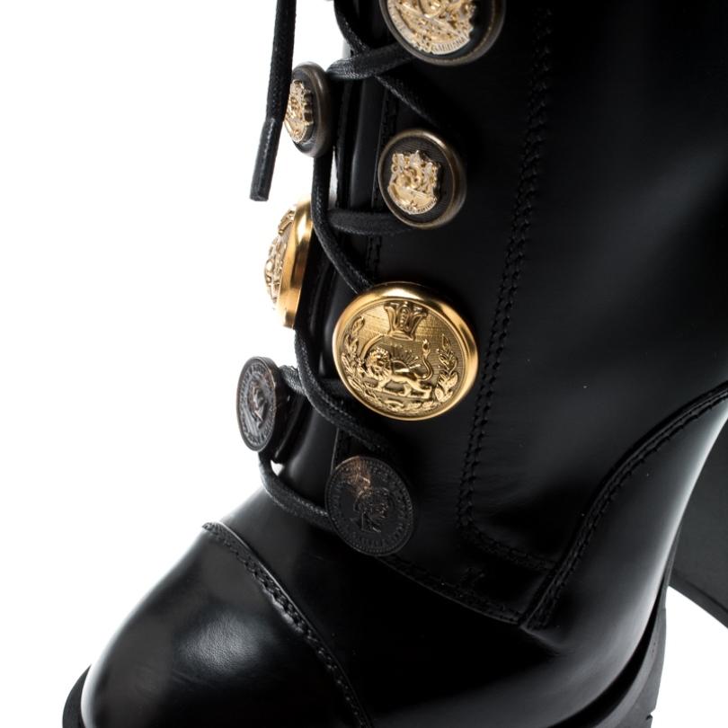 Dolce and Gabbana Black Leather Gold Embossed Button Combat Boots Size 37.5 In Excellent Condition In Dubai, Al Qouz 2