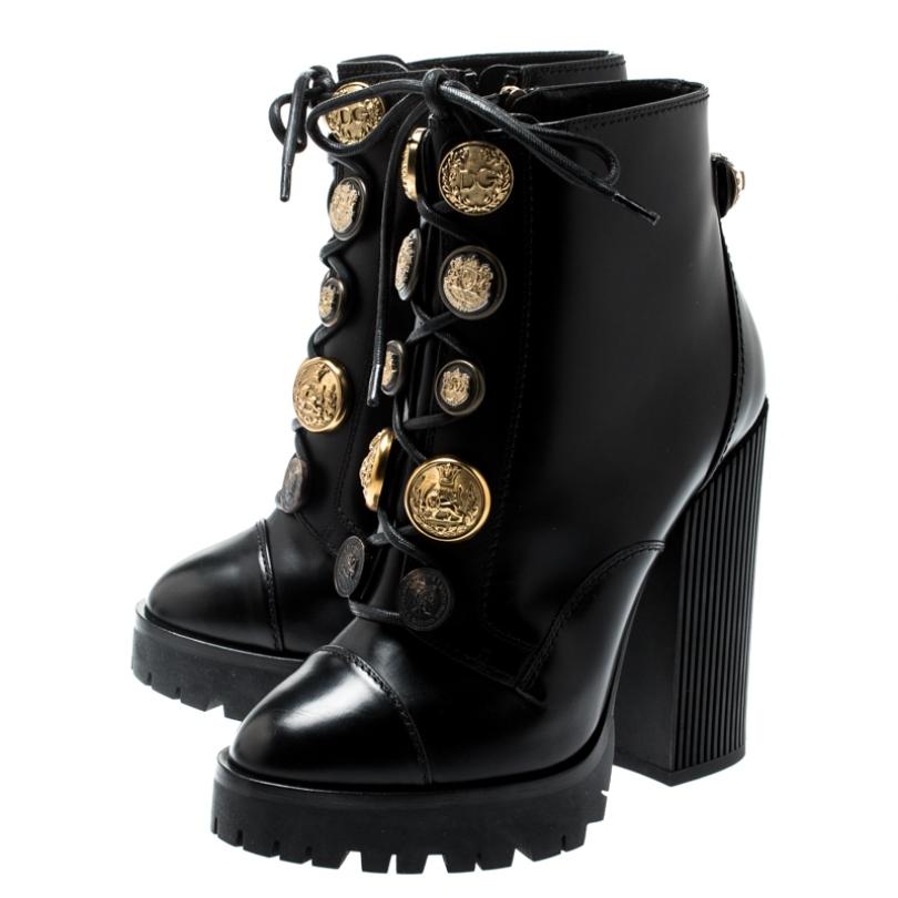 Women's Dolce and Gabbana Black Leather Gold Embossed Button Combat Boots Size 37.5