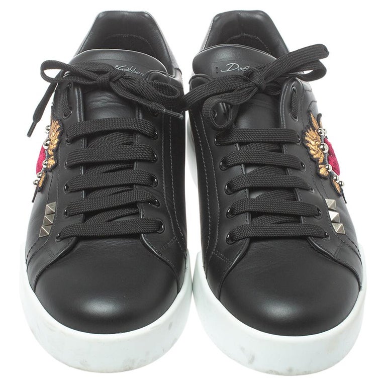 Dolce & Gabbana Black Leather Heart Embellished Sneakers Shoes