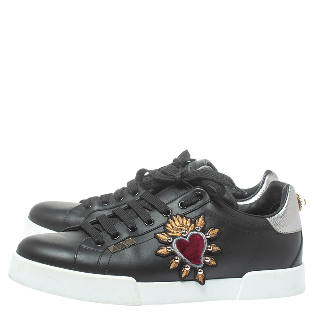 Men's Dolce and Gabbana Black Leather Heart Low Top Sneakers Size 43.5