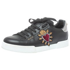 Dolce and Gabbana Black Leather Heart Low Top Sneakers Size 43.5