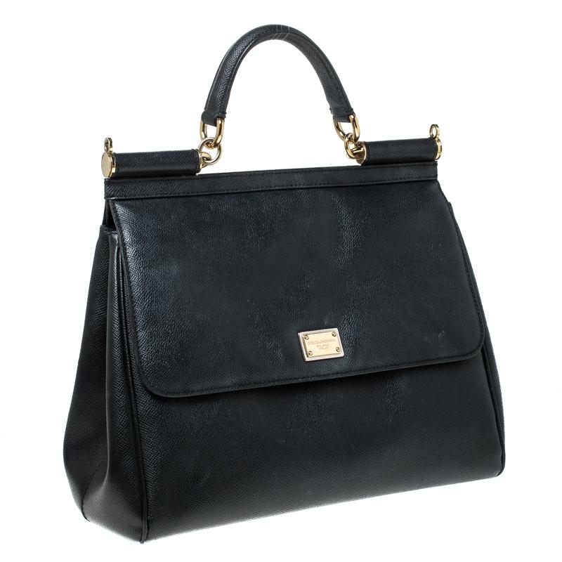 Dolce and Gabbana Black Leather Large Miss Sicily Top Handle Bag In Good Condition In Dubai, Al Qouz 2