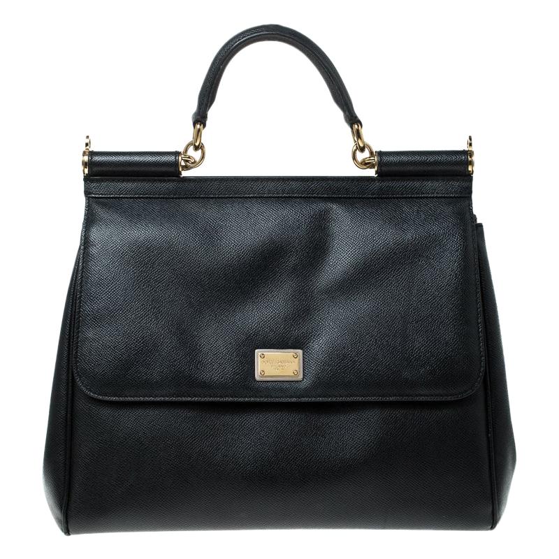 Dolce and Gabbana Black Leather Large Miss Sicily Top Handle Bag