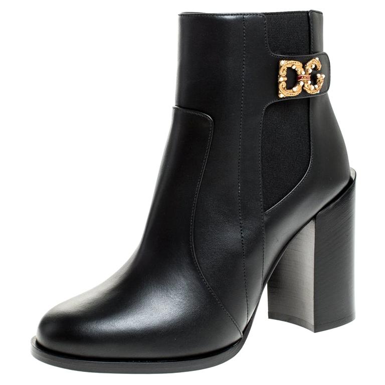 Dolce & Gabbana Black Leather Logo Ankle Boots Lace Up Shoes