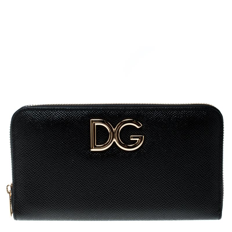 Dolce and Gabbana Black Leather Logo Zip Around Wallet