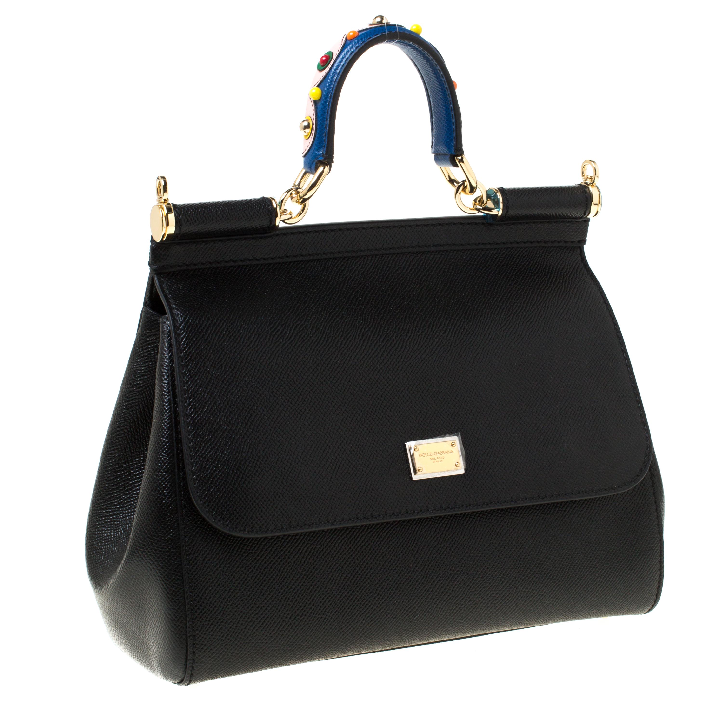 Dolce and Gabbana Black Leather Medium Miss Sicily Top Handle Bag In New Condition In Dubai, Al Qouz 2