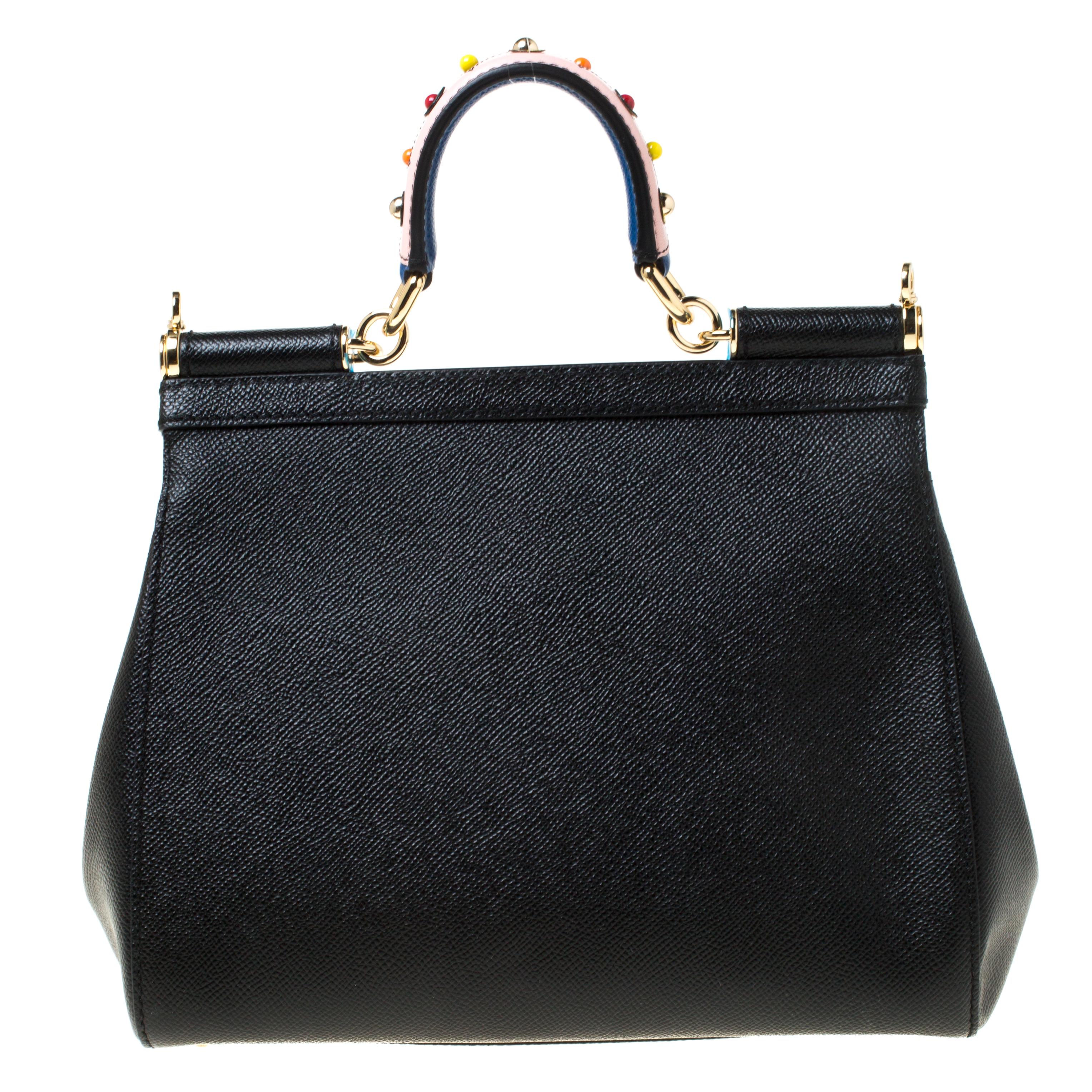 Dolce and Gabbana Black Leather Medium Miss Sicily Top Handle Bag 1