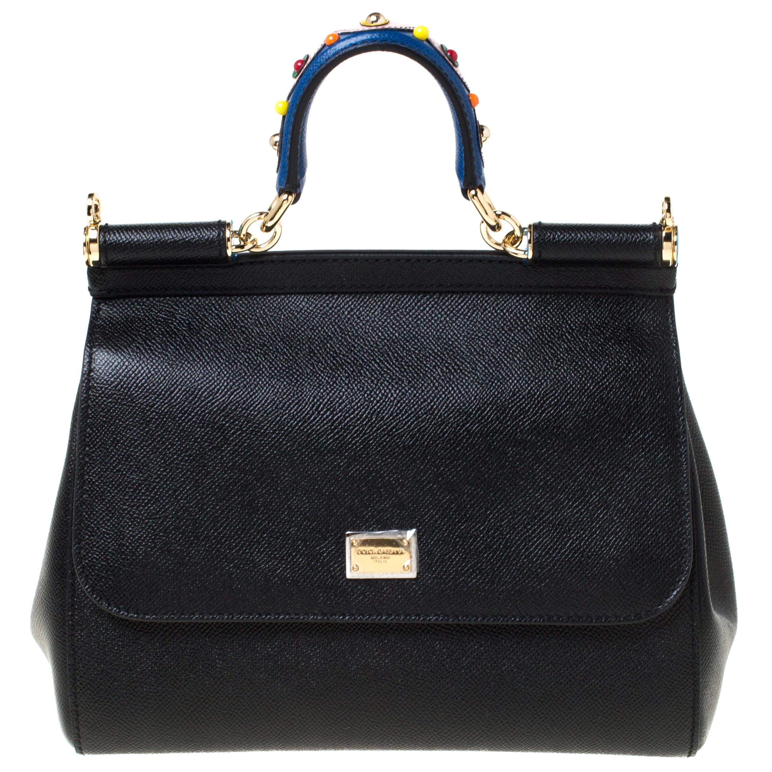 Dolce and Gabbana Black Leather Medium Miss Sicily Top Handle Bag