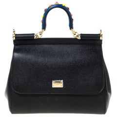 Dolce and Gabbana Black Leather Medium Miss Sicily Top Handle Bag