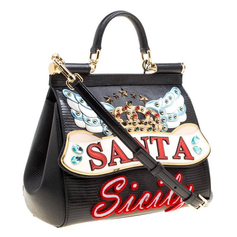 Dolce and Gabbana Black Leather Medium Sicily Santa Top Handle Bag In New Condition In Dubai, Al Qouz 2