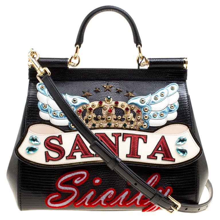 Dolce and Gabbana Black Leather Medium Sicily Santa Top Handle Bag