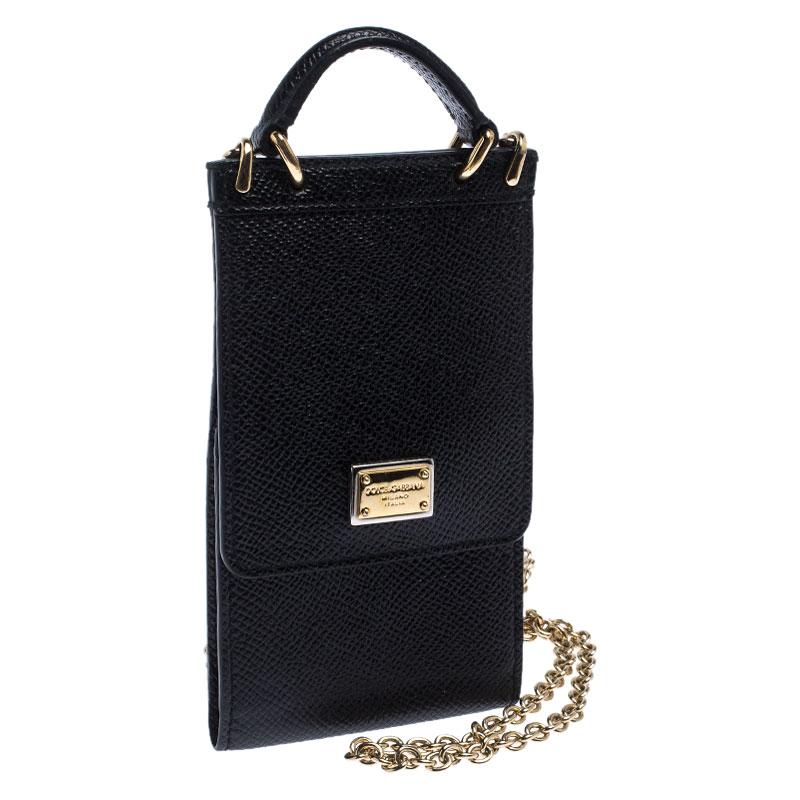 Women's Dolce and Gabbana Black Leather Miss Sicily Phone Holder Crossbody Bag