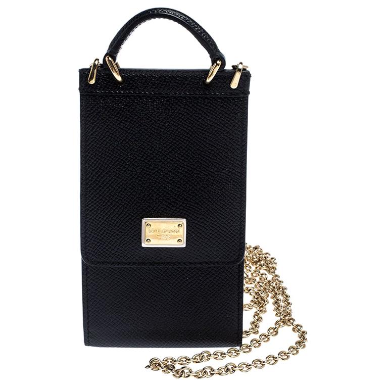 Dolce and Gabbana Black Leather Miss Sicily Phone Holder Crossbody Bag