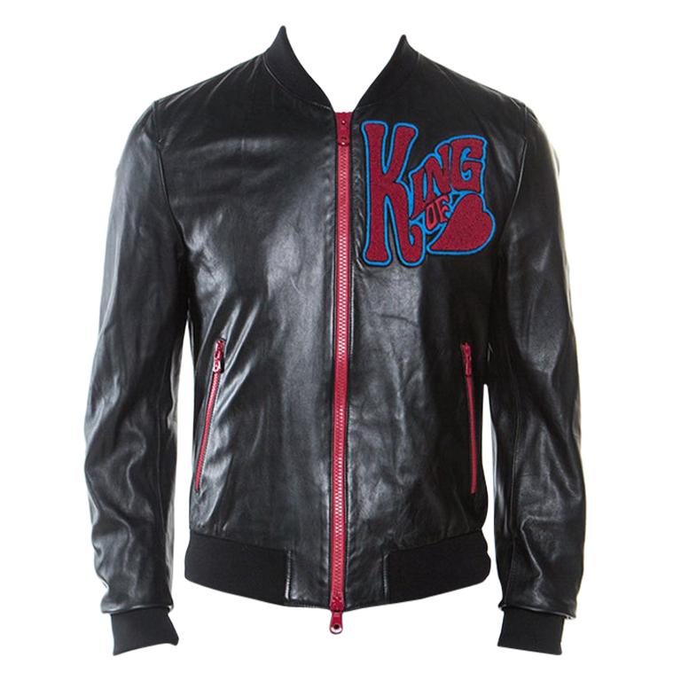 Dolce and Gabbana Black Leather Patch Detail Bomber Jacket L