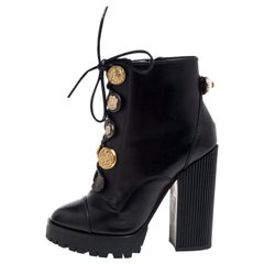 Dolce and Gabbana Black Leather Pearl/Button Combat Ankle Boots Size 38