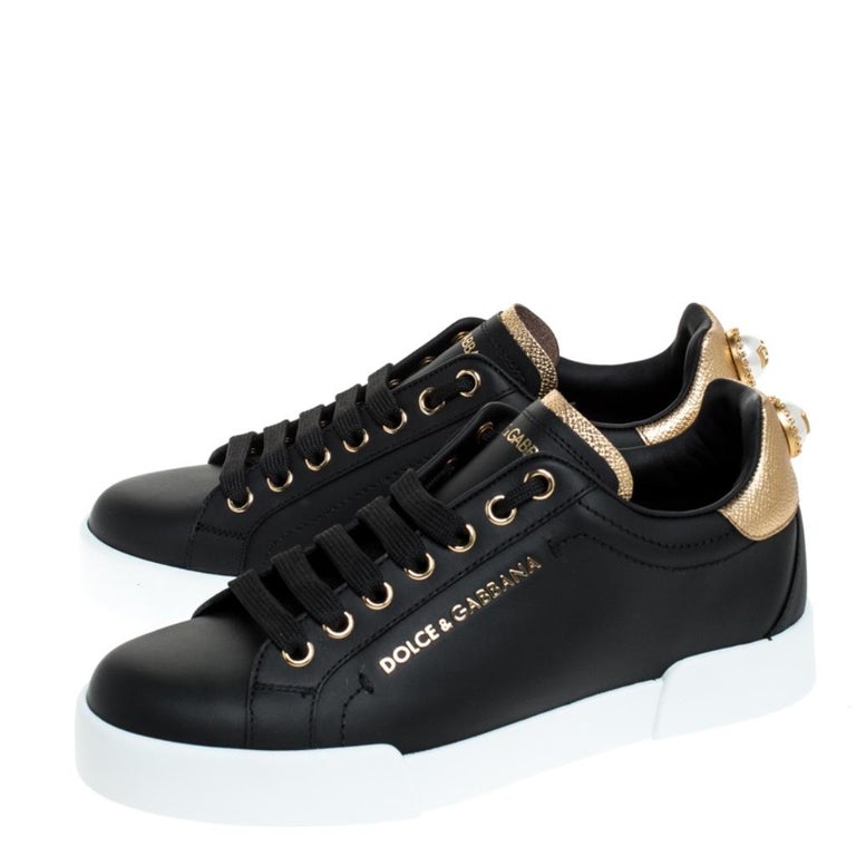 Dolce And Gabbana Black Leather Portofino Pearl Embellished Low Top ...