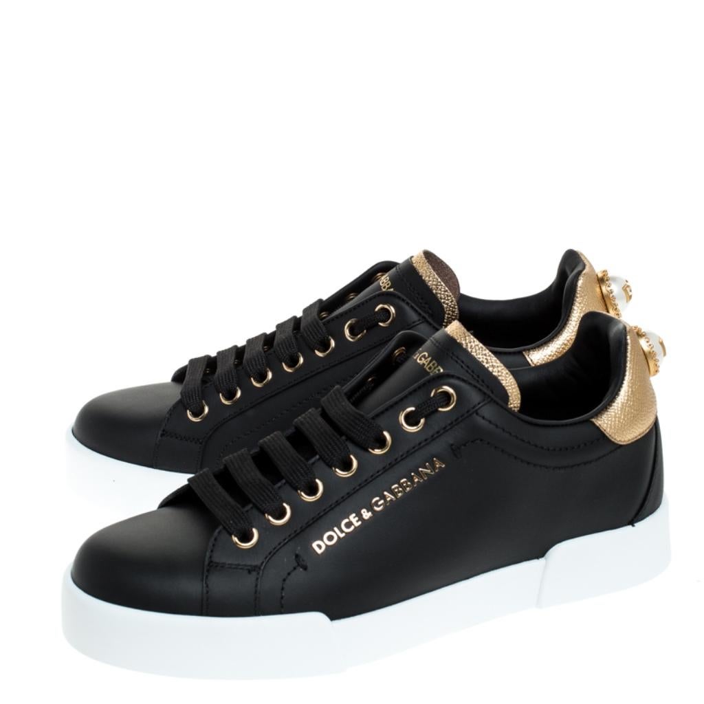 Dolce And Gabbana Black Leather Portofino Pearl Embellished Low Top Sneakers35.5 In New Condition In Dubai, Al Qouz 2