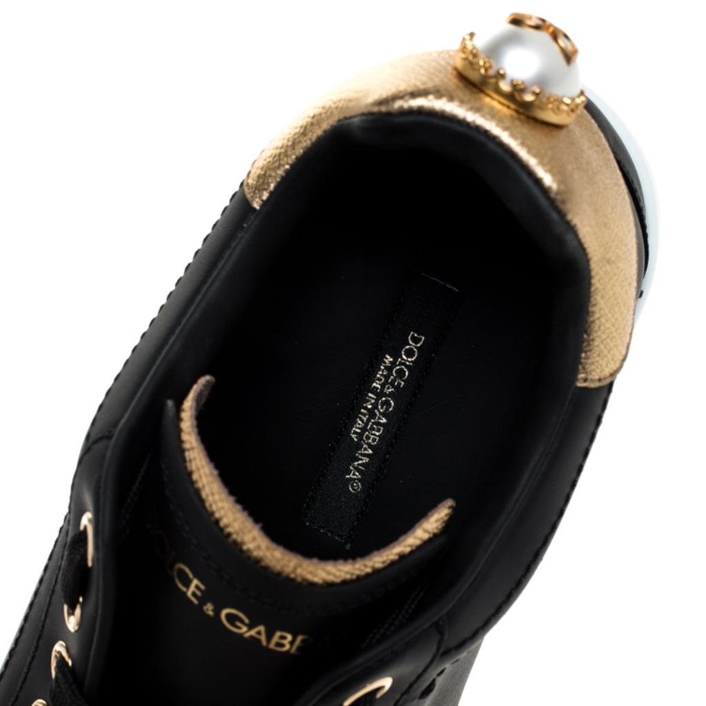 Dolce And Gabbana Black Leather Portofino Pearl Embellished Low Top Sneakers35.5 2