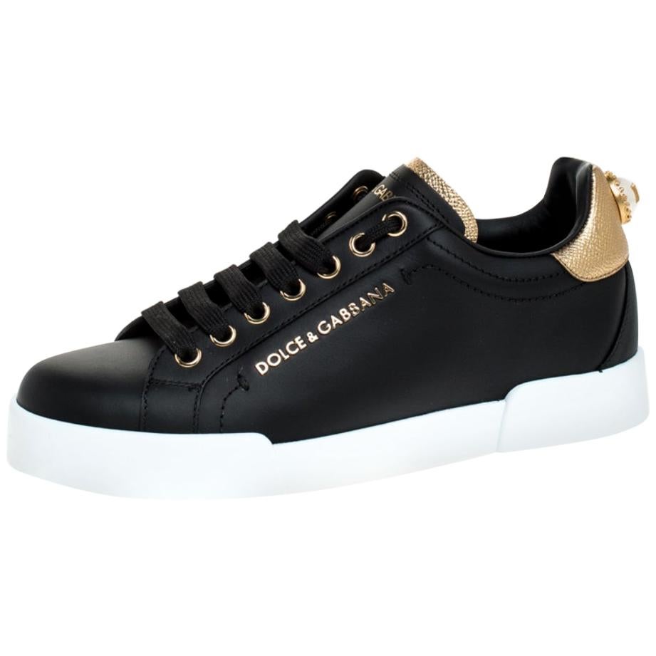 Dolce And Gabbana Black Leather Portofino Pearl Embellished Low Top Sneakers35.5