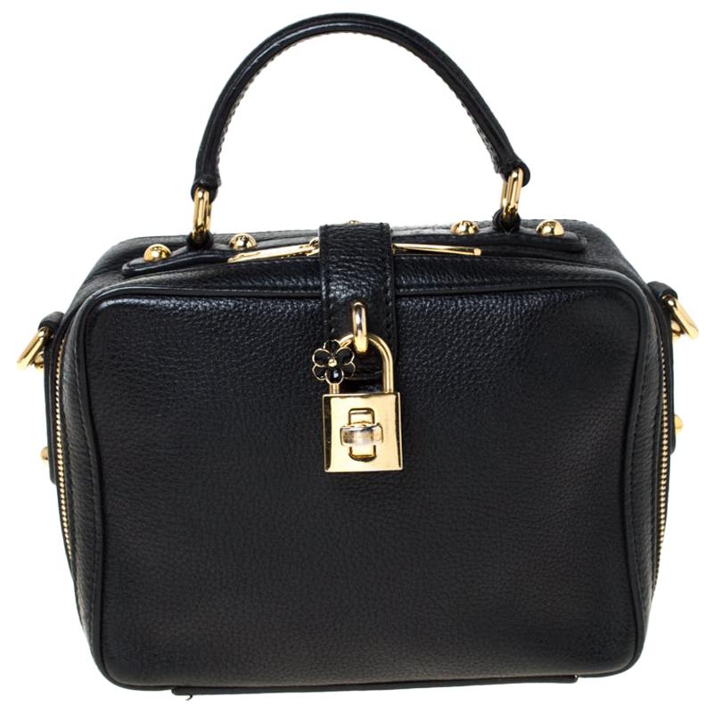 Dolce and Gabbana Black Leather Rosaria Box Top Handle Bag