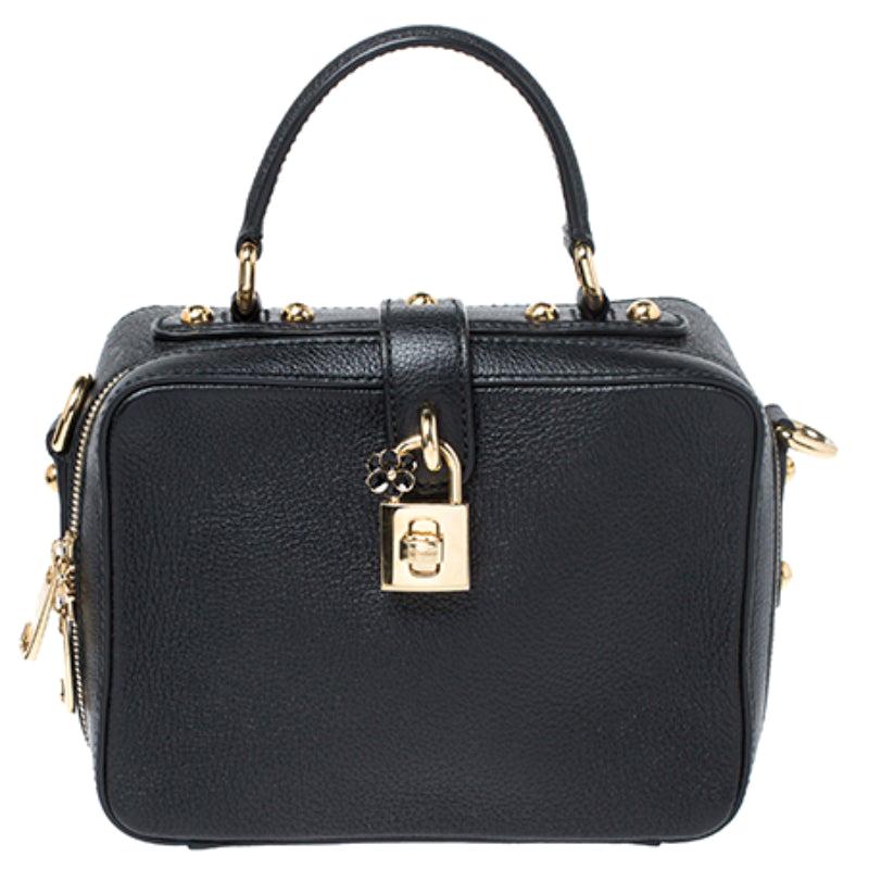 Dolce and Gabbana Black Leather Rosaria Box Top Handle Bag For Sale at ...