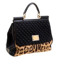 Dolce and Gabbana Black Leopard Print Calf Hair and Crochet Miss Sicily Tote