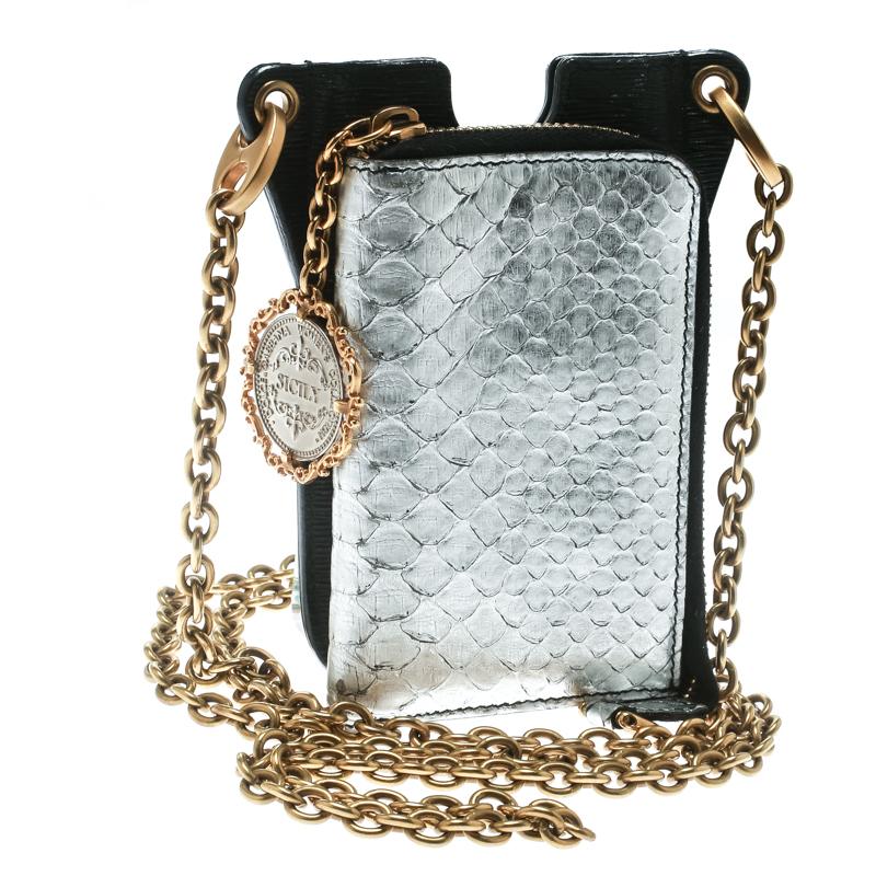 Dolce and Gabbana Black/Metallic Silver Leather Phone Case In Good Condition In Dubai, Al Qouz 2