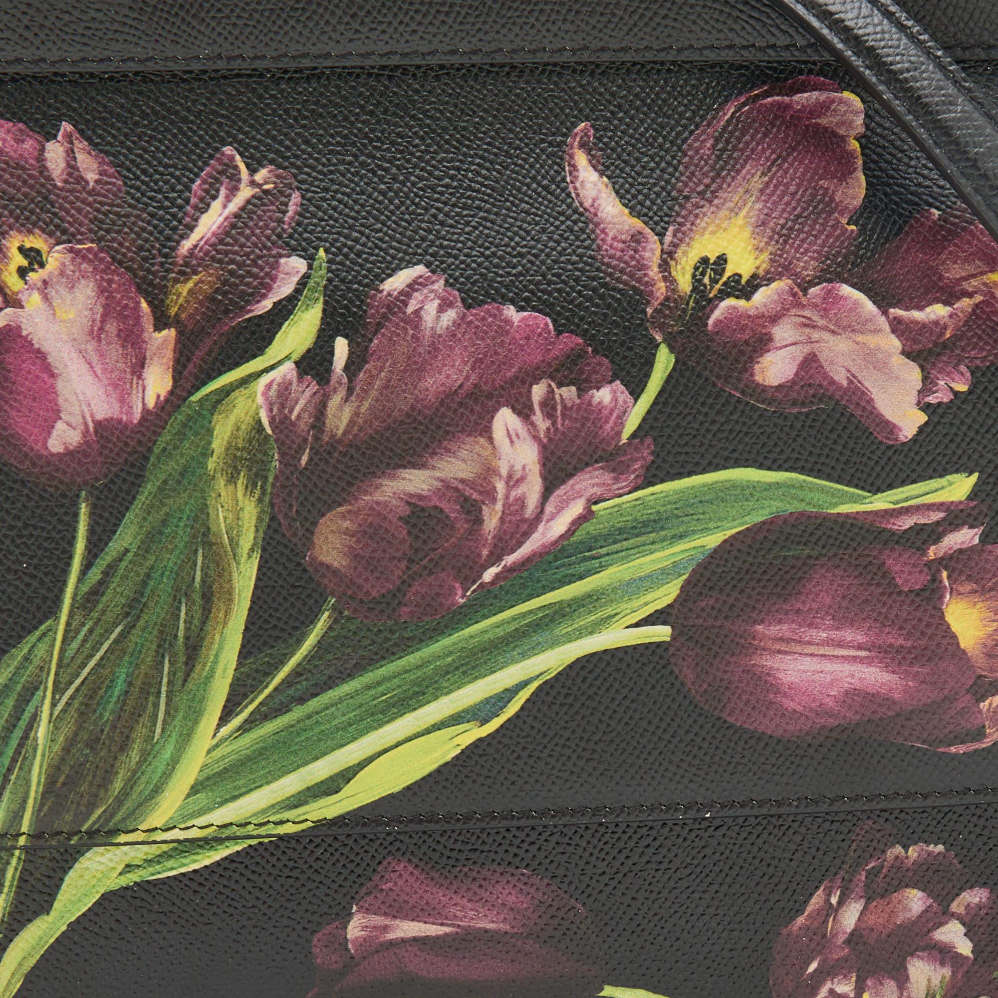 Dolce and Gabbana Black Multicolor Tulip Print Leather Medium Miss Sicily  6