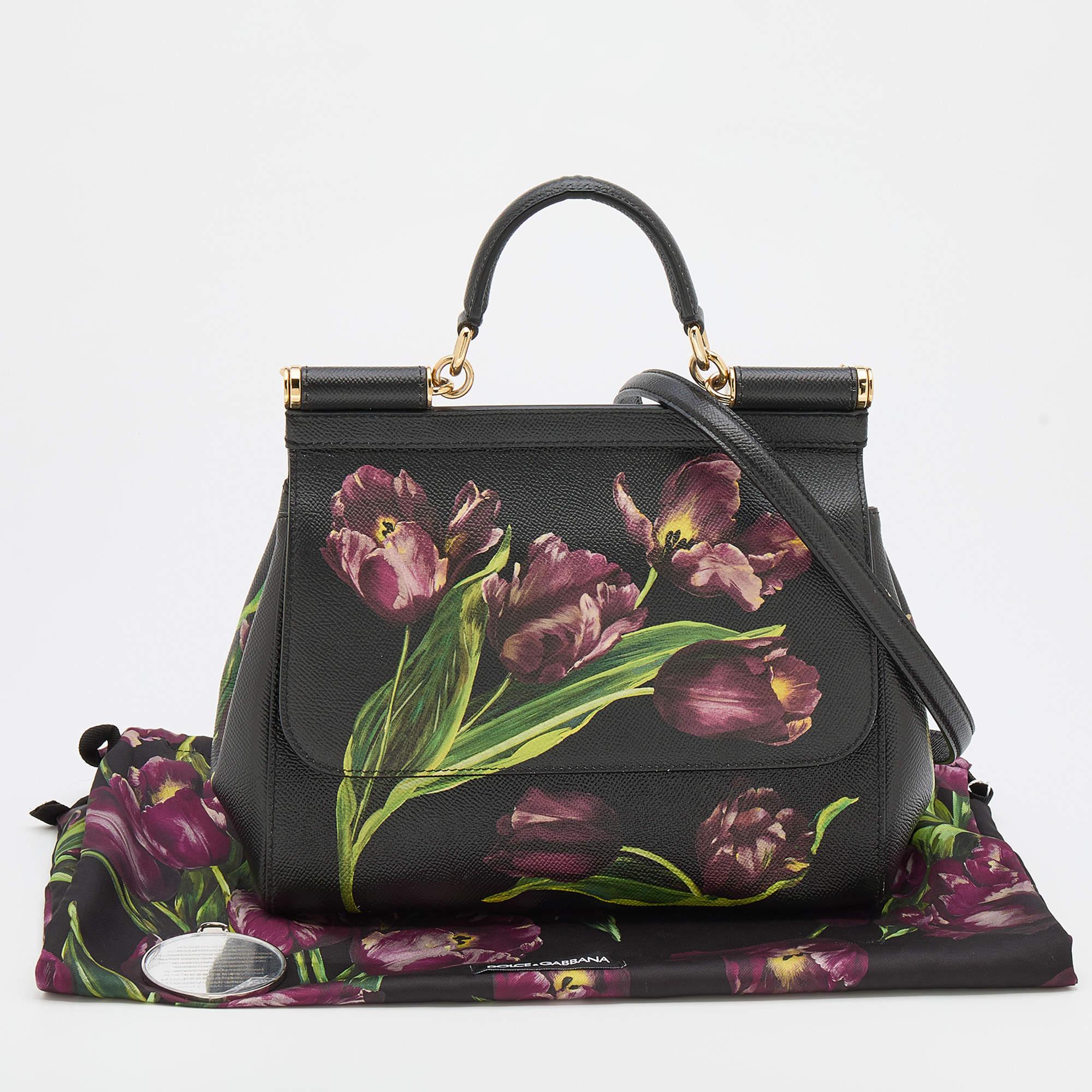 Dolce and Gabbana Black Multicolor Tulip Print Leather Medium Miss Sicily  7