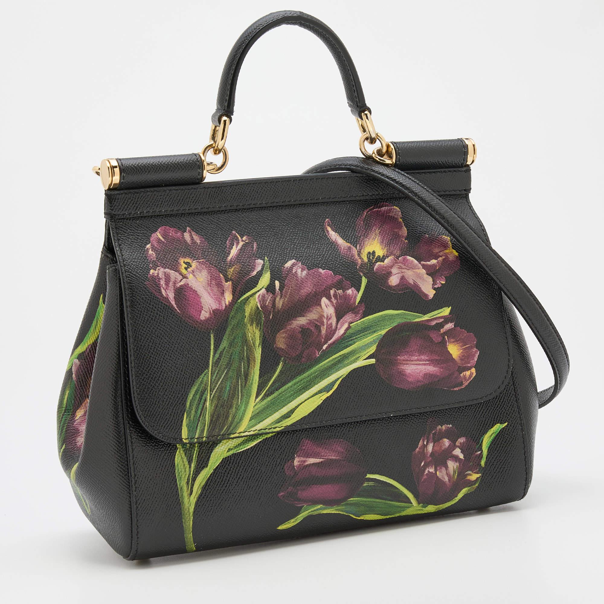 Women's Dolce and Gabbana Black Multicolor Tulip Print Leather Medium Miss Sicily 