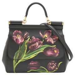 Dolce and Gabbana Black Multicolor Tulip Print Leather Medium Miss Sicily 