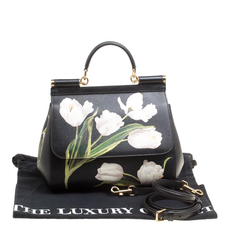 Dolce and Gabbana Black Multicolor Tulip Print Leather Medium Miss Sicily Top Ha 1