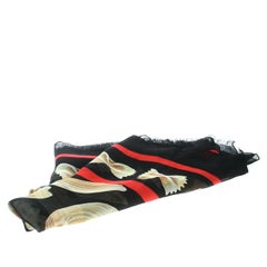 Dolce and Gabbana Black Pasta Printed Silk Gauze Fringed Edge Scarf