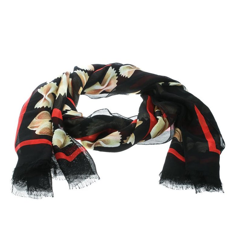 Dolce and Gabbana Black Pasta Printed Silk Gauze Fringed Edge