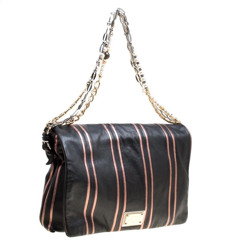 Dolce and Gabbana Black/Pink Leather Stripe Miss Charles Shoulder Bag In Good Condition In Dubai, Al Qouz 2